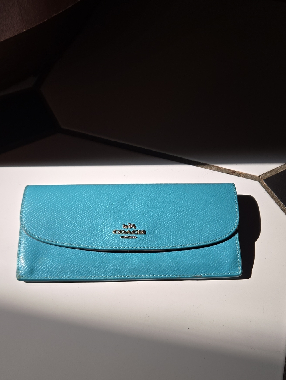 Coach Turquoise Leather Continental Wallet with Gold Logo